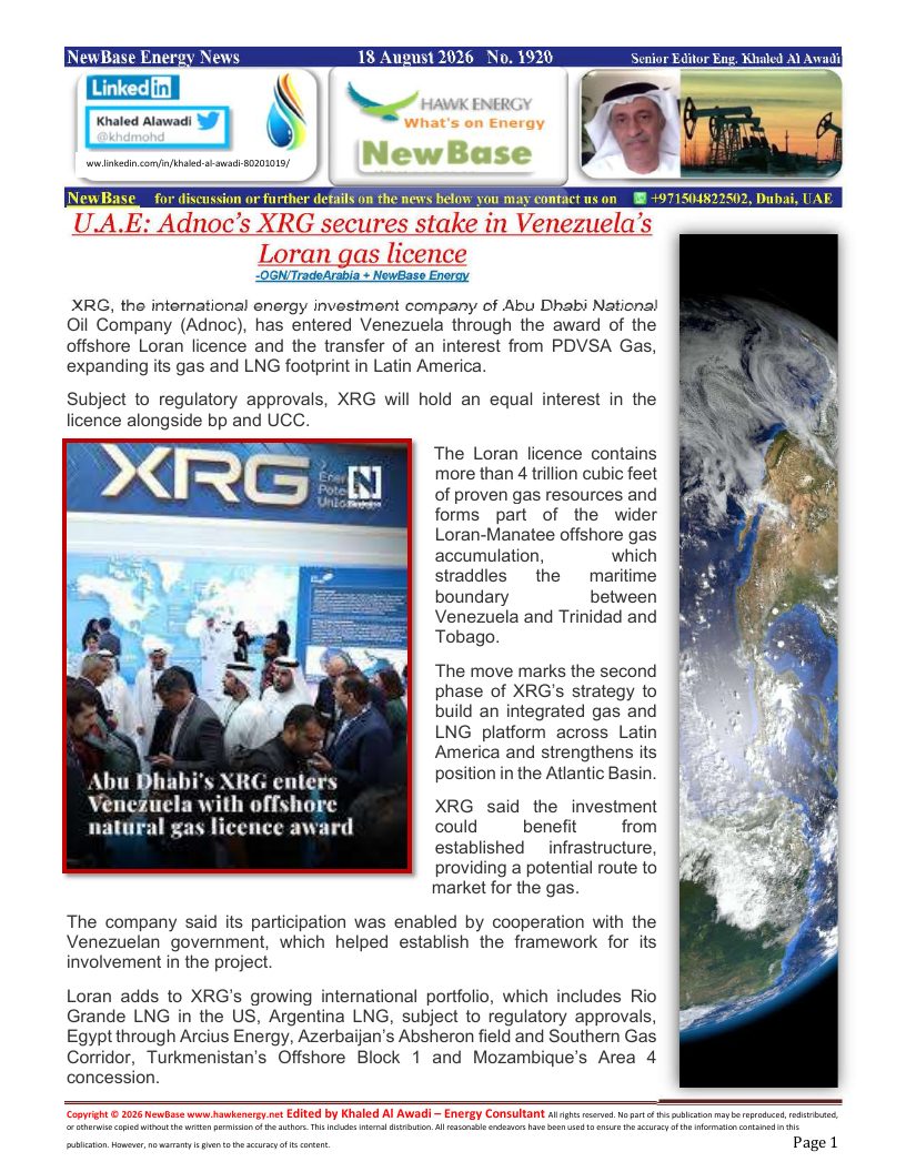 ADNOC’s XRG secures stake in Venezuela’s Loran gas licence.