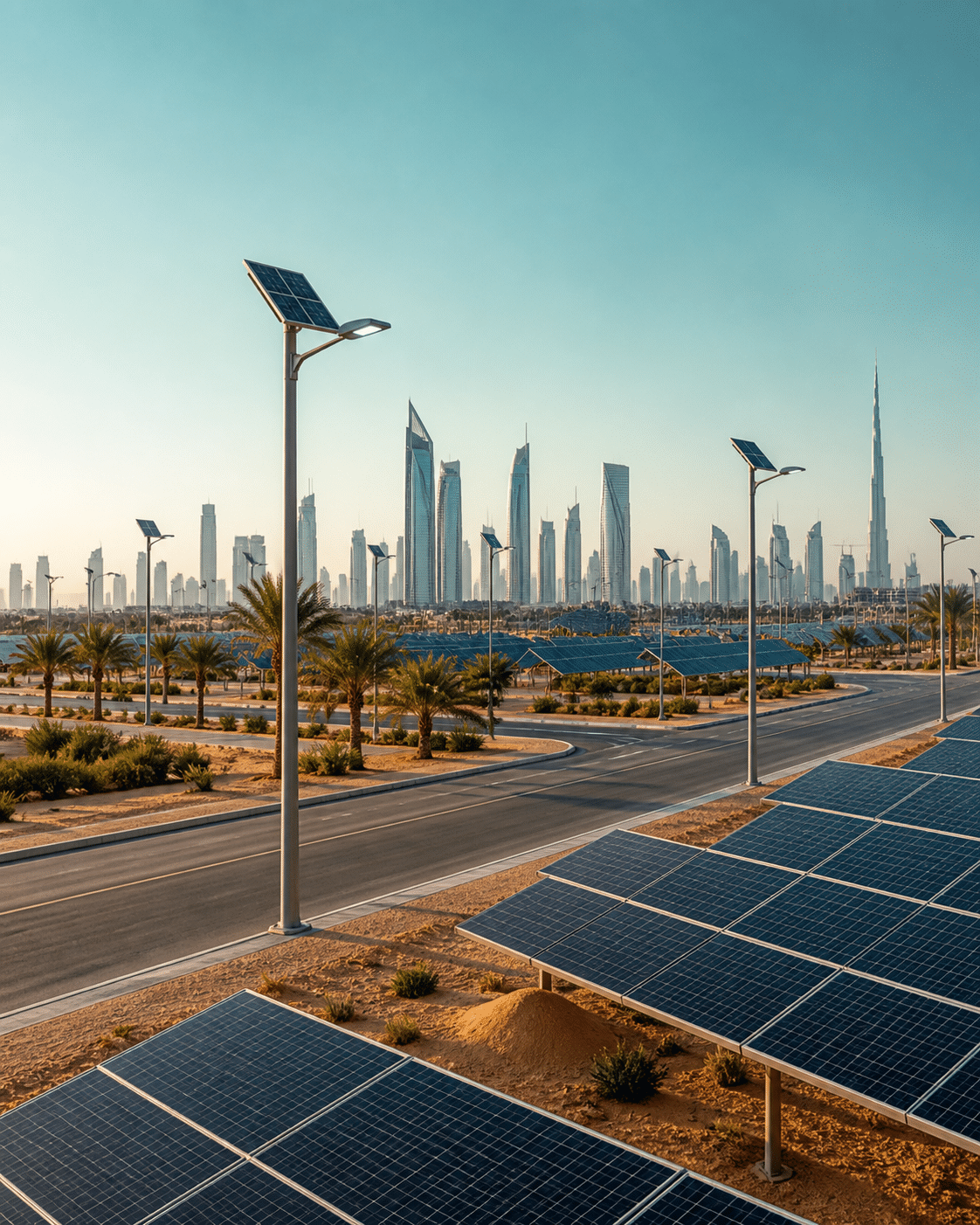 Solar-powered street lights and solar panels near Dubai